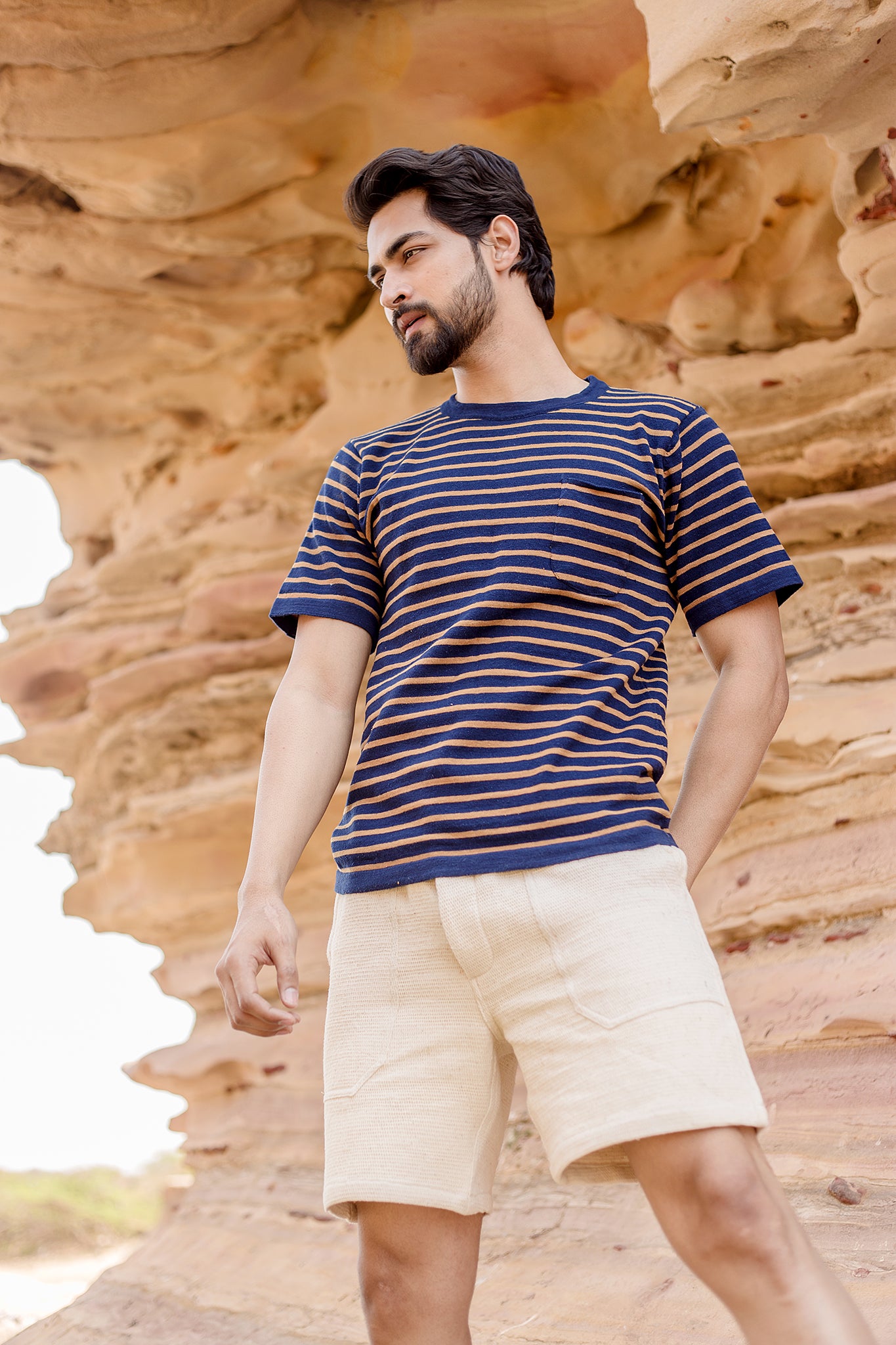 Azad S/S Pocket Flat Knitted Tee in Indigo Stripe