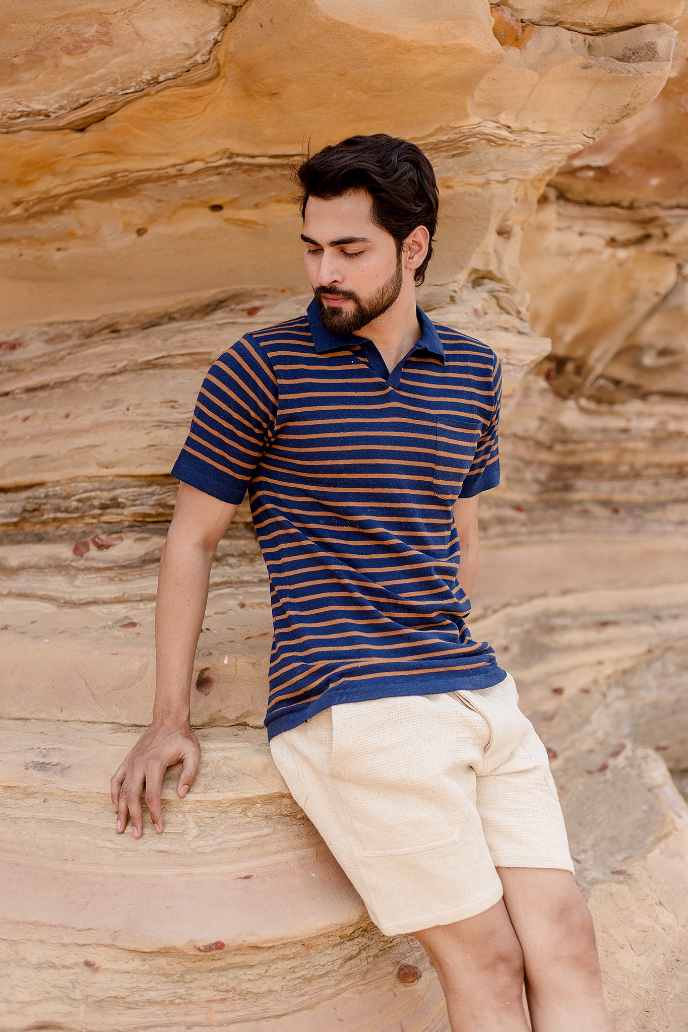 Manbir Johnny Collar Knit Tee in Indigo Stripe