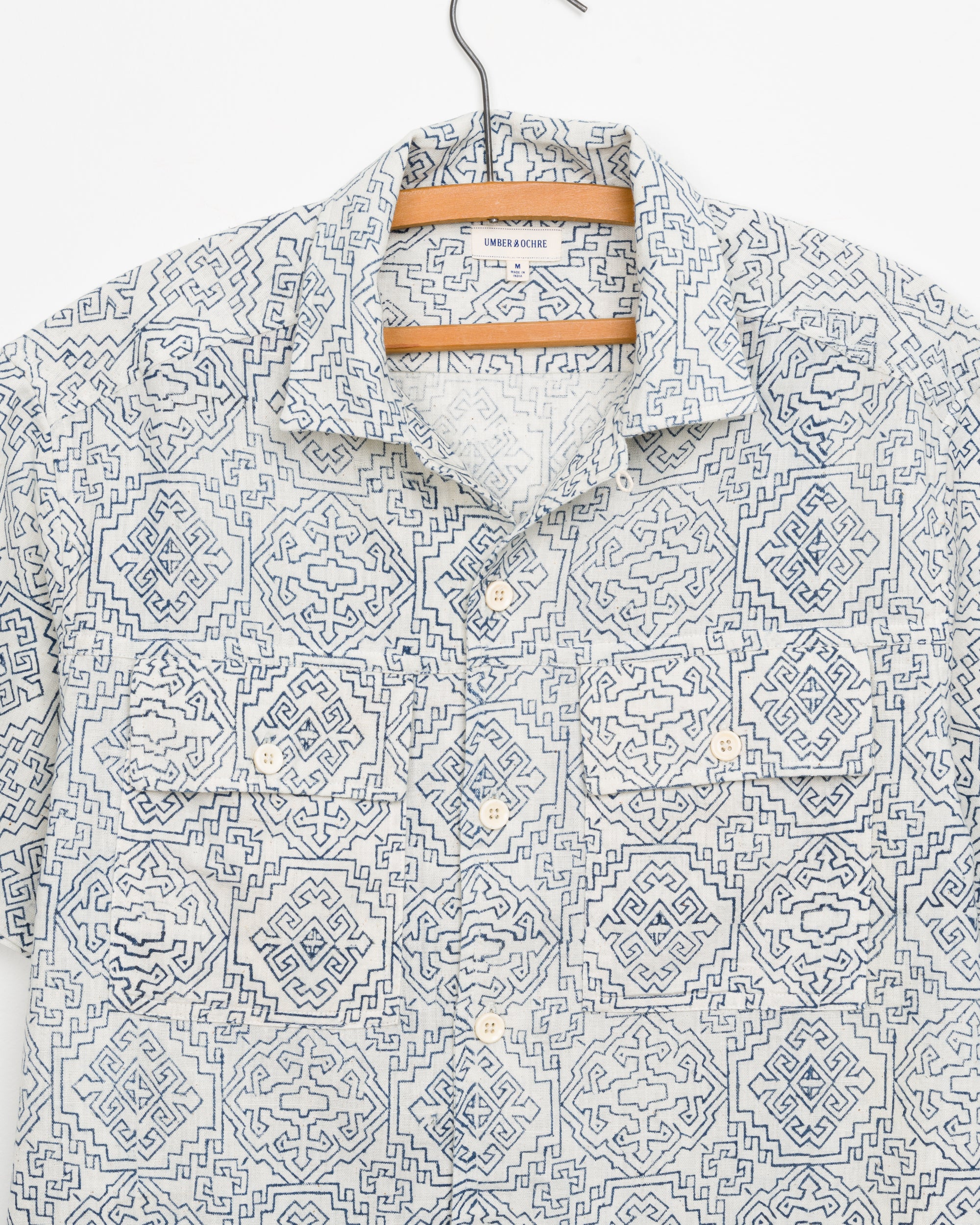 Harshil Two-Pocket Shirt in Natural Tile Block Print