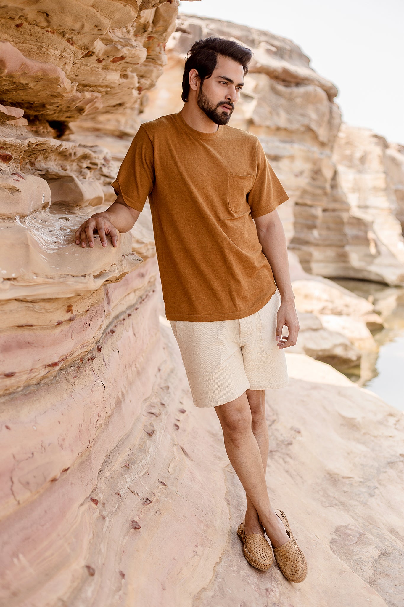 Azad S/S Pocket Flat Knitted Tee in Camel