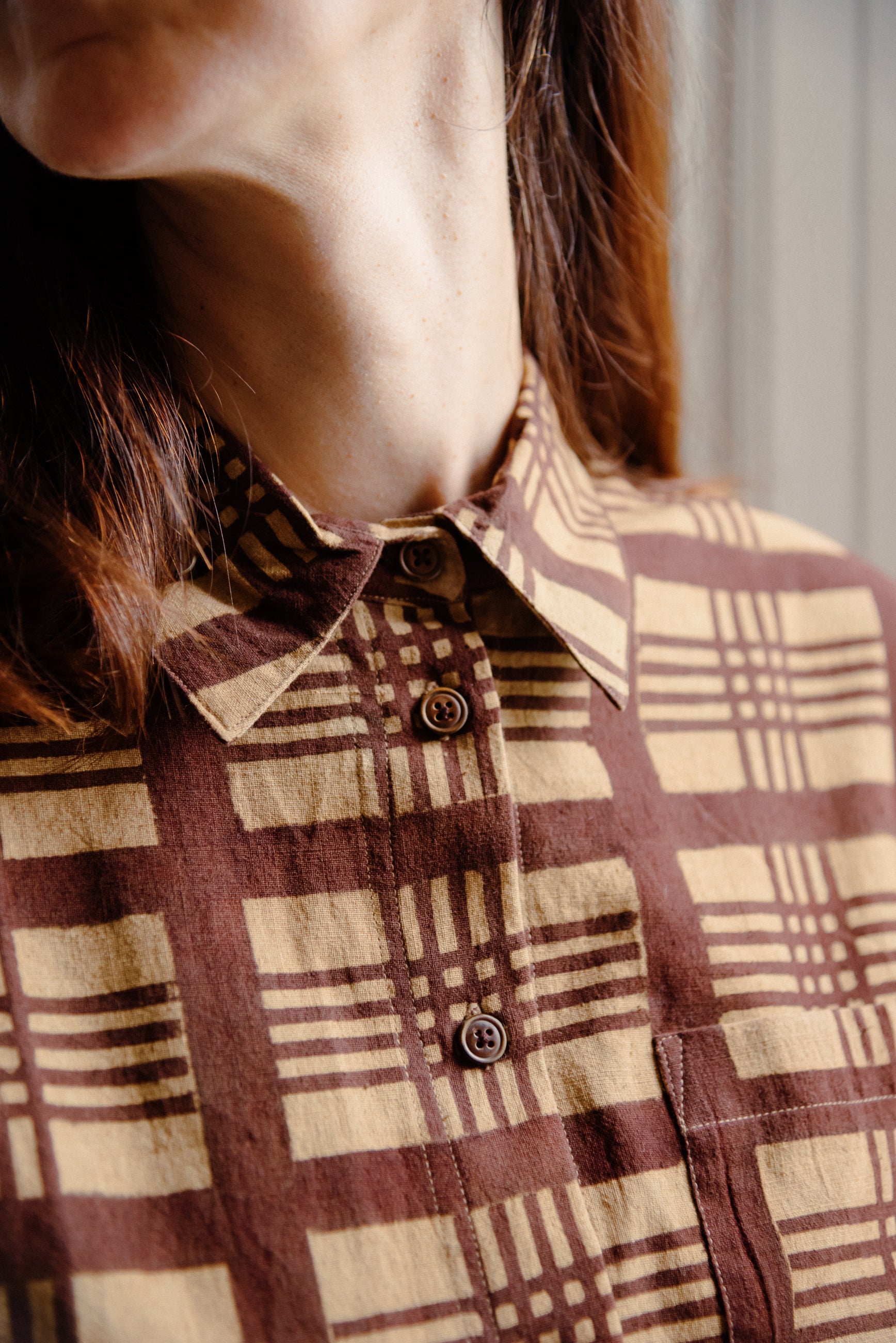Mitra Top in Camel Plaid Block Print