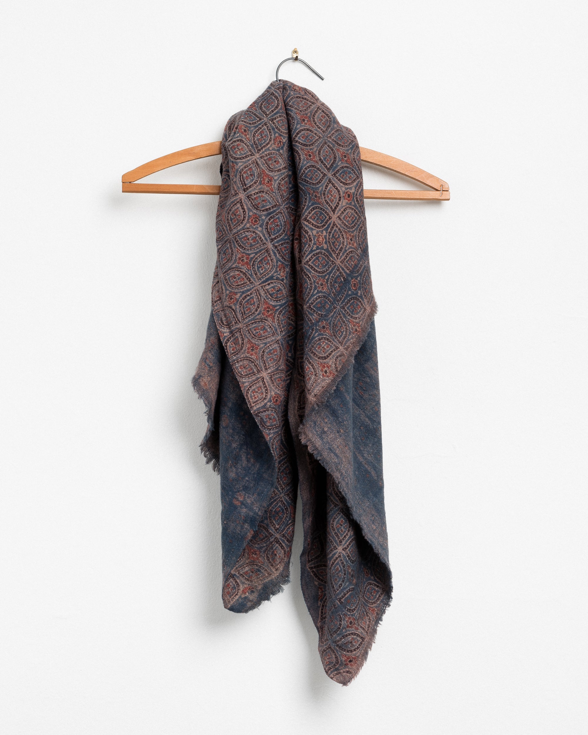 Wool Square Scarf in Indigo Flora – Umber and Ochre