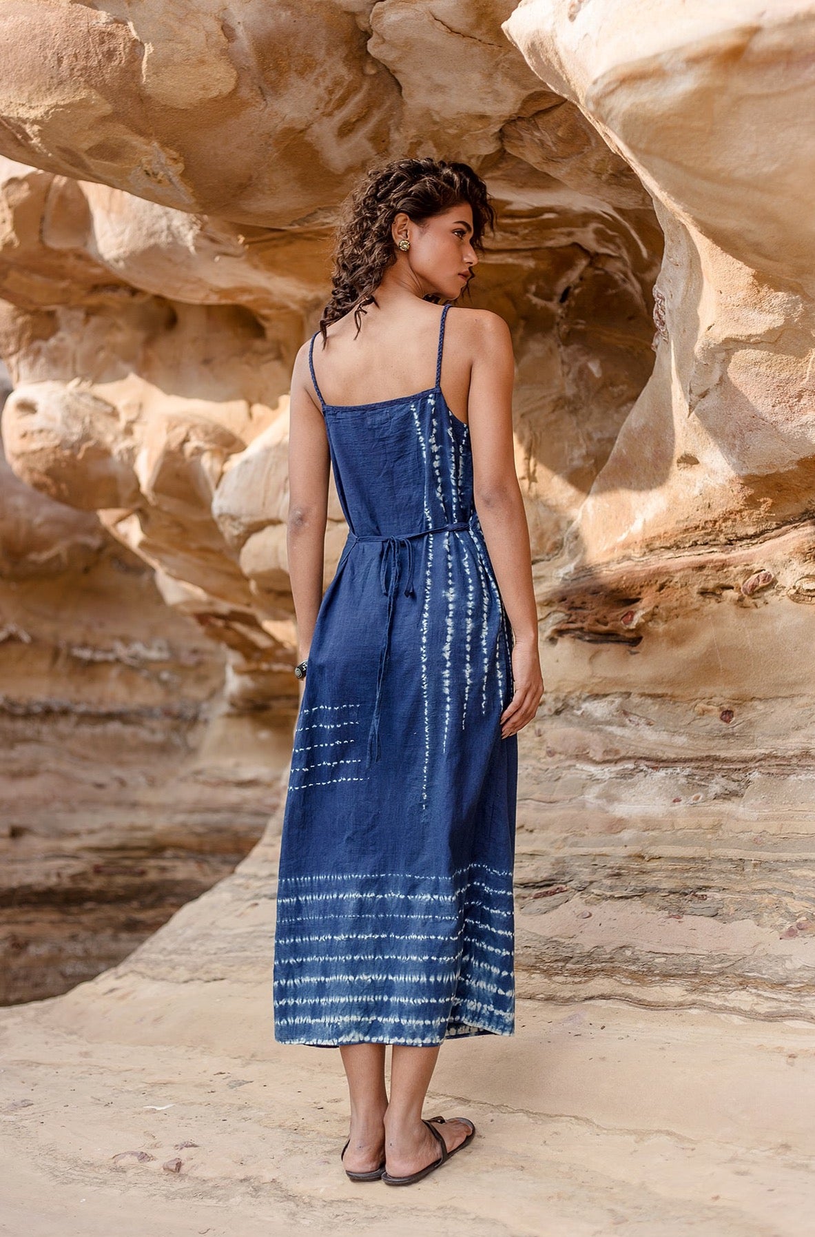 Aahana Strappy Wrap Dress in Indigo Stripe Shibori Border