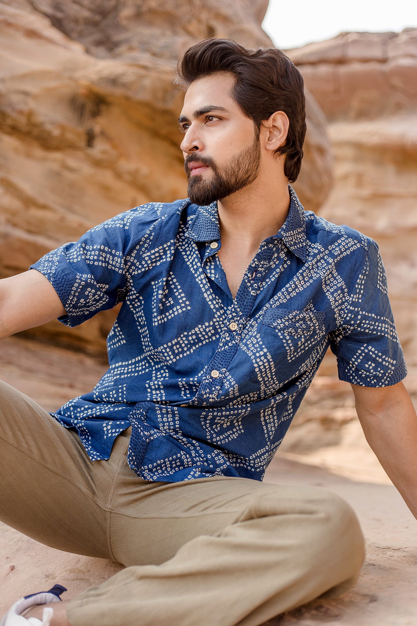 S/S Kabir Standard Shirt in Indigo Tile Bandhani