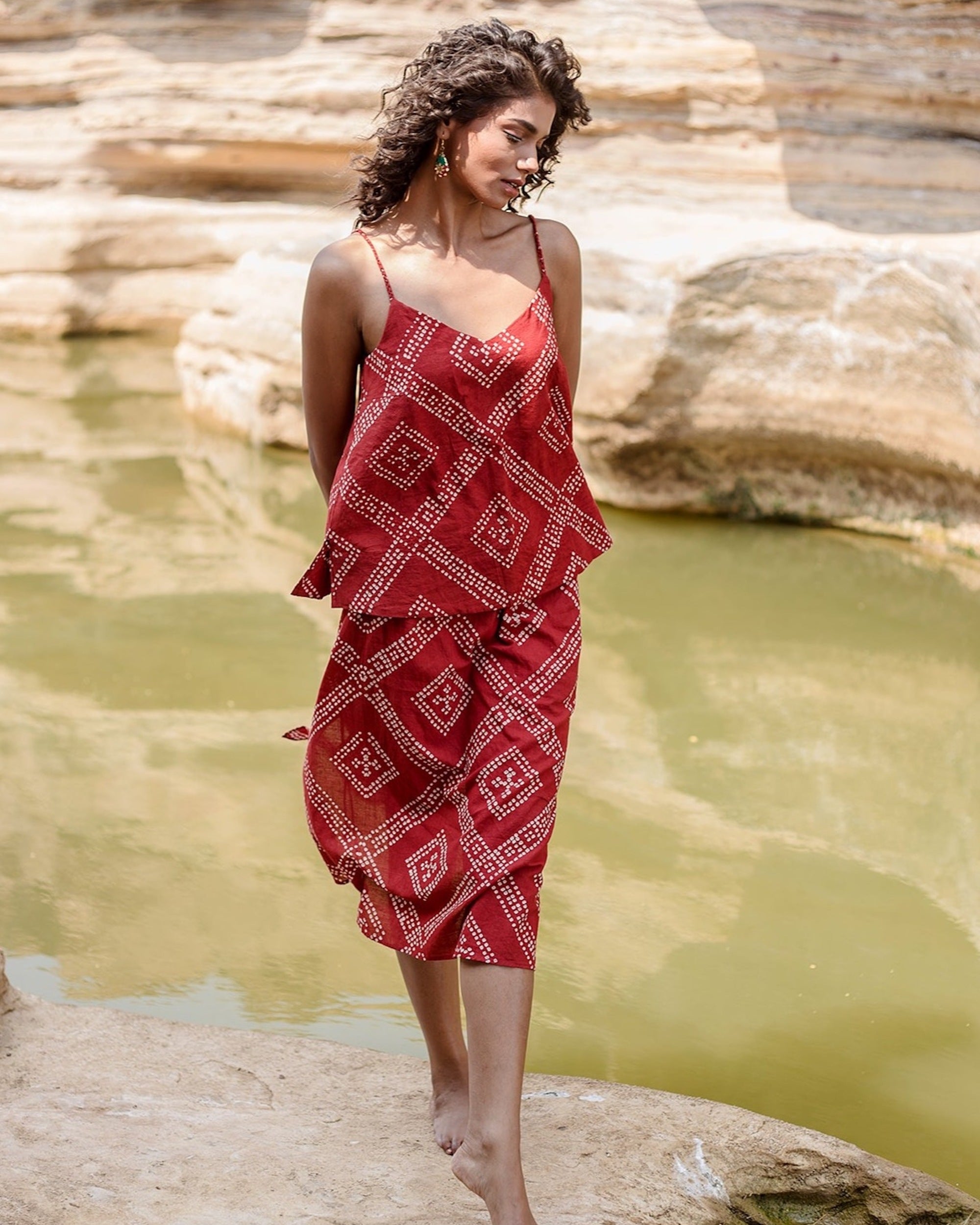 Tanvi Camisole in Red Tile Bandhani