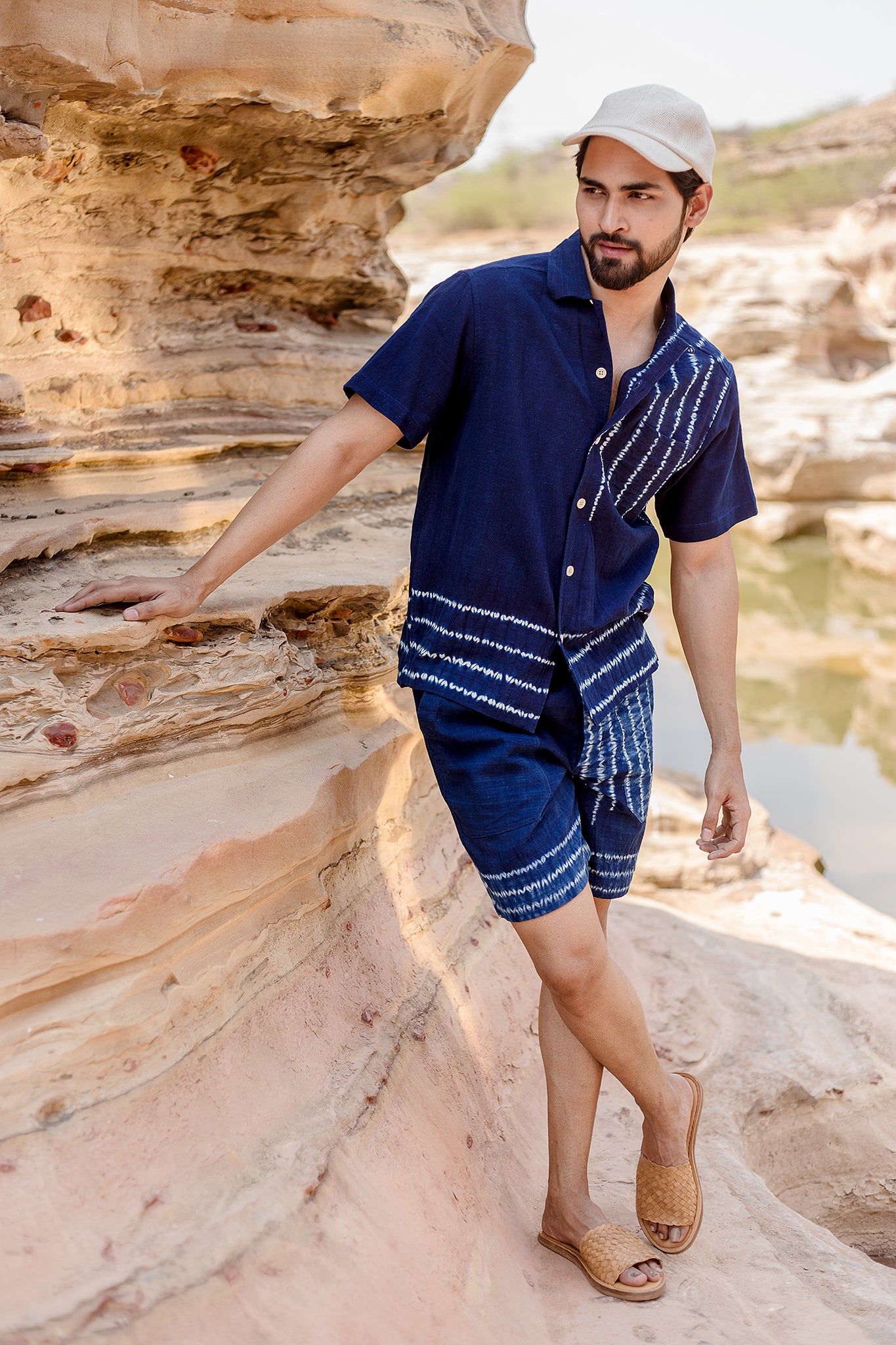 Dipak Utility Short in Indigo Stripe Shibori Border