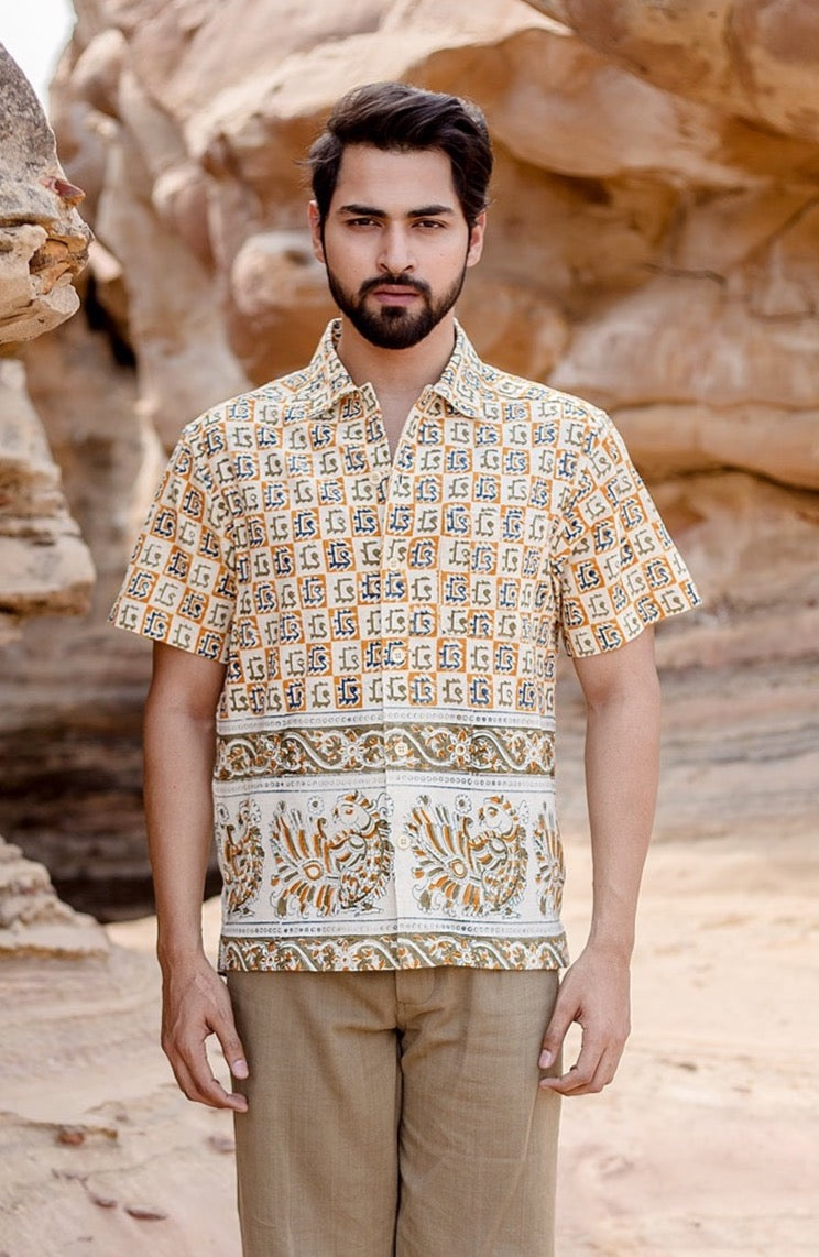 Khushi Camp Shirt in Peacock Border Block