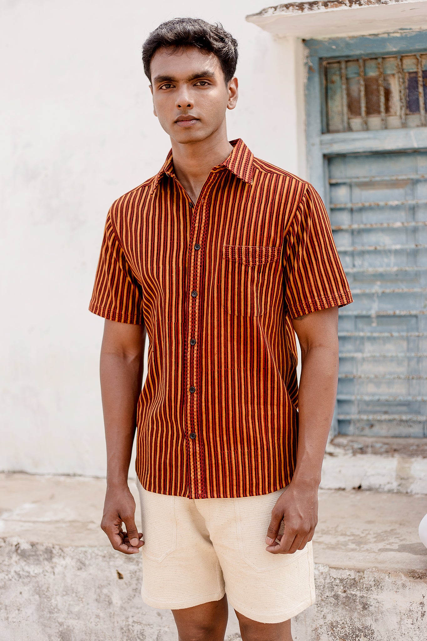 S/S Kabir Standard Shirt in Pomegranate Stripe Block