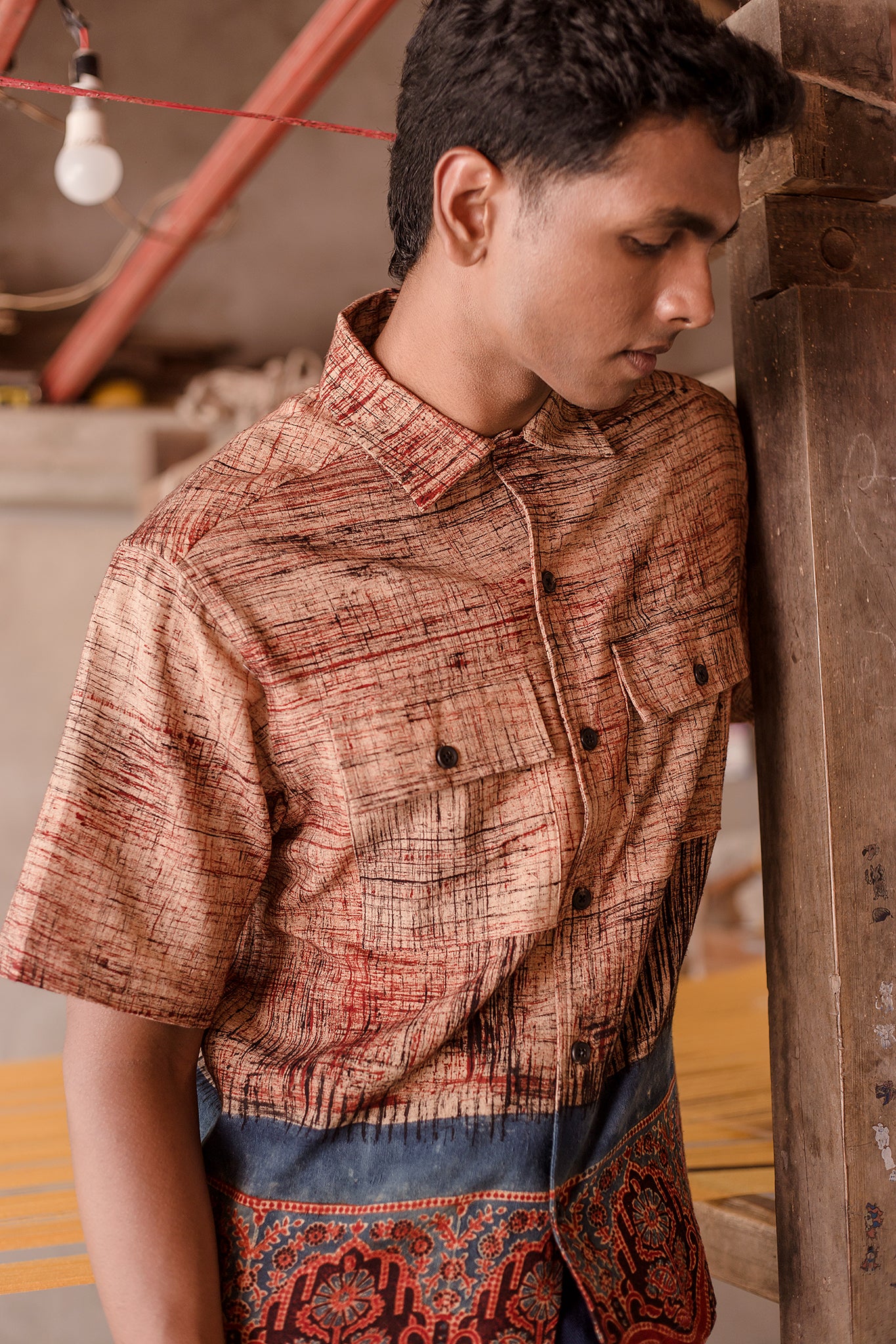 Harshil Two-Pocket Shirt in Pomegranate Brushed Border