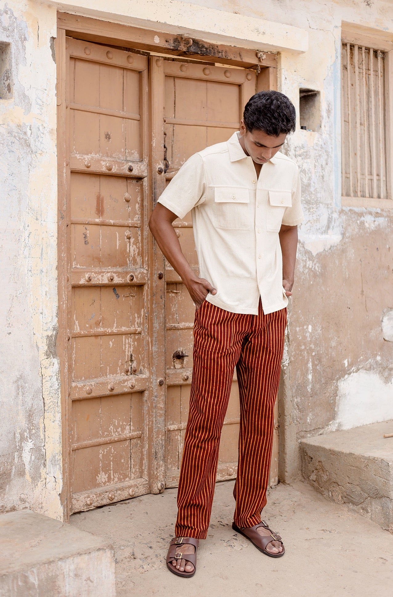 Harshad Utility Pant in Pomegranate Stripe Block