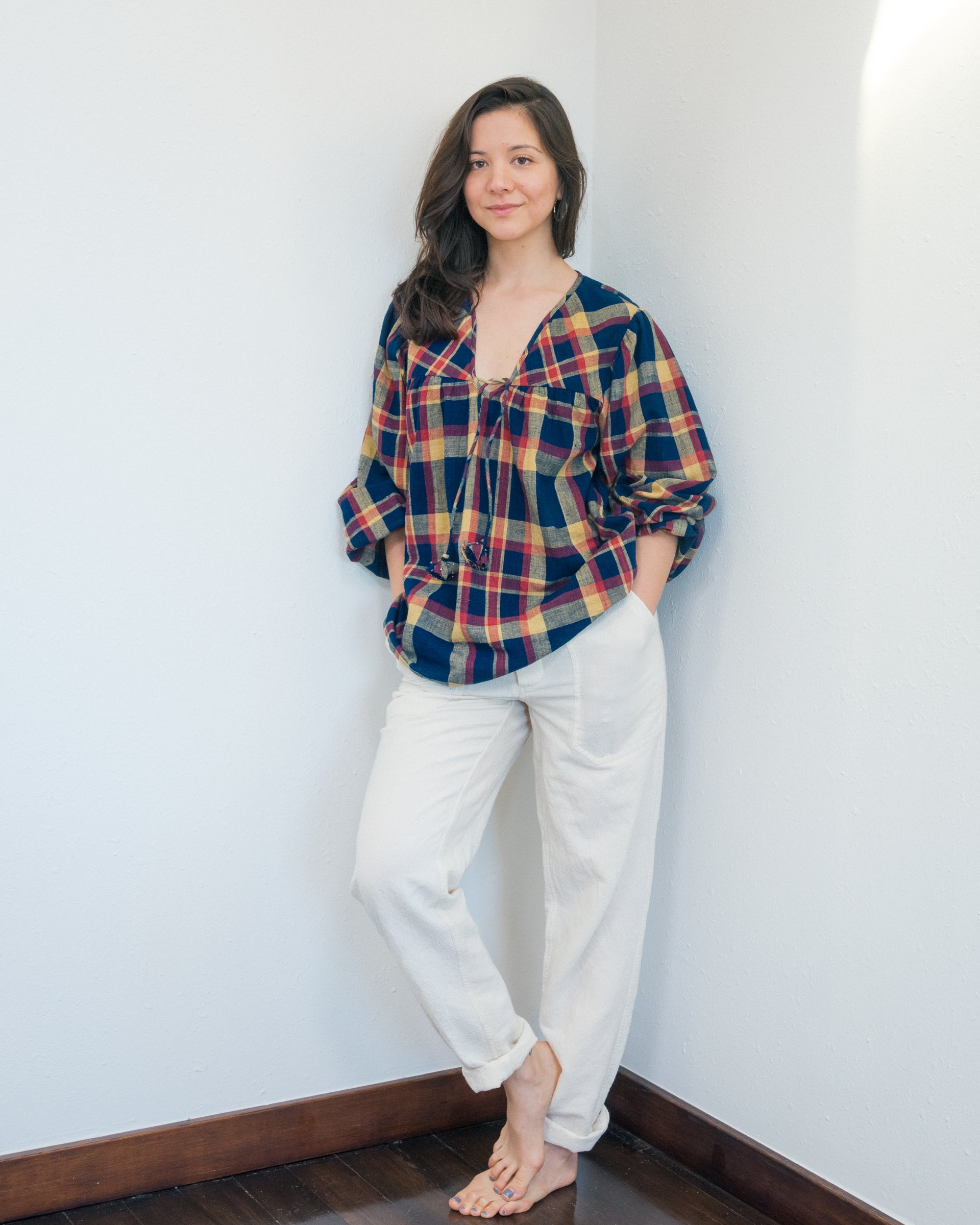 Madhuri L/S Peasant Top in Navy Madras Plaid