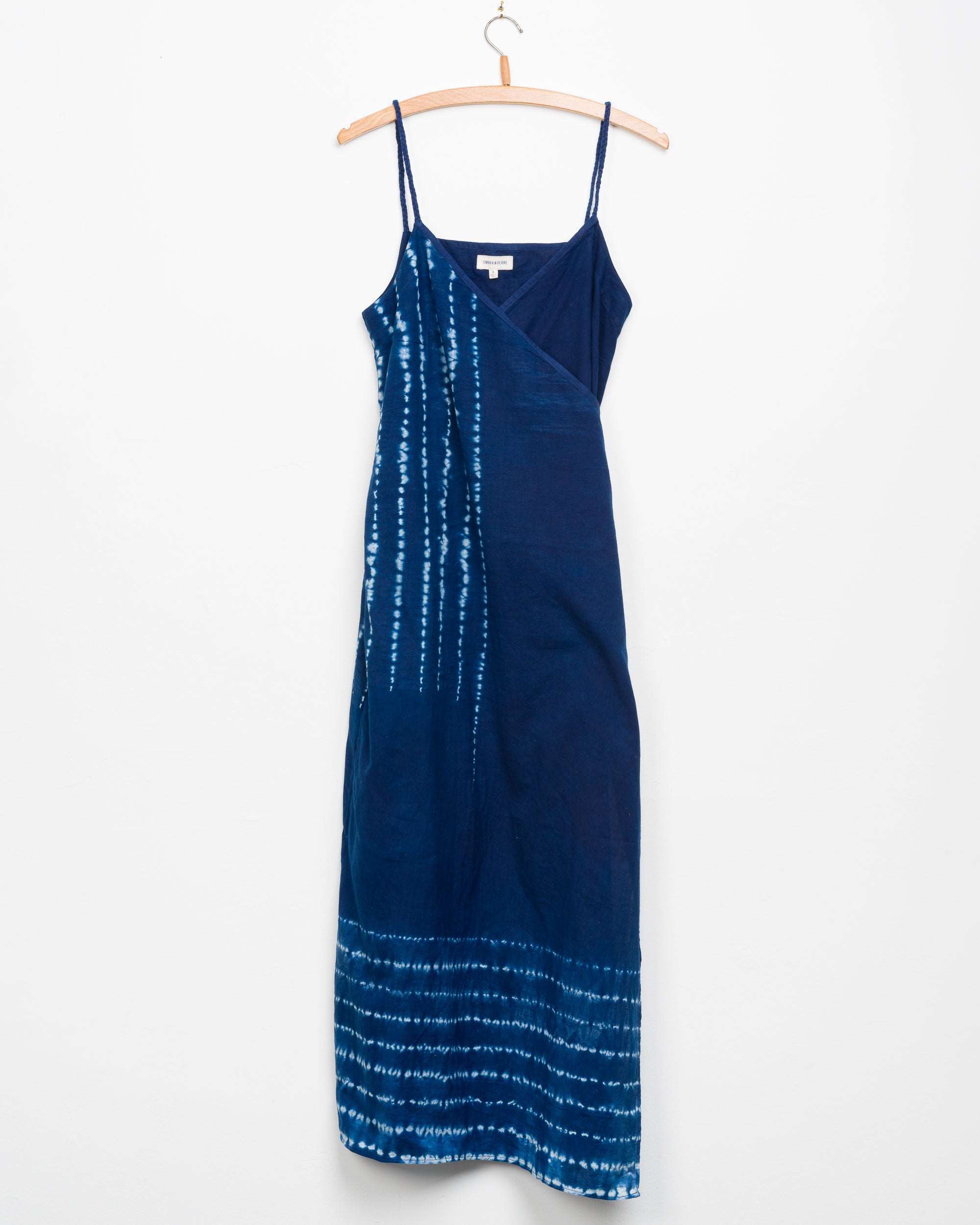 Aahana Strappy Wrap Dress in Indigo Stripe Shibori Border