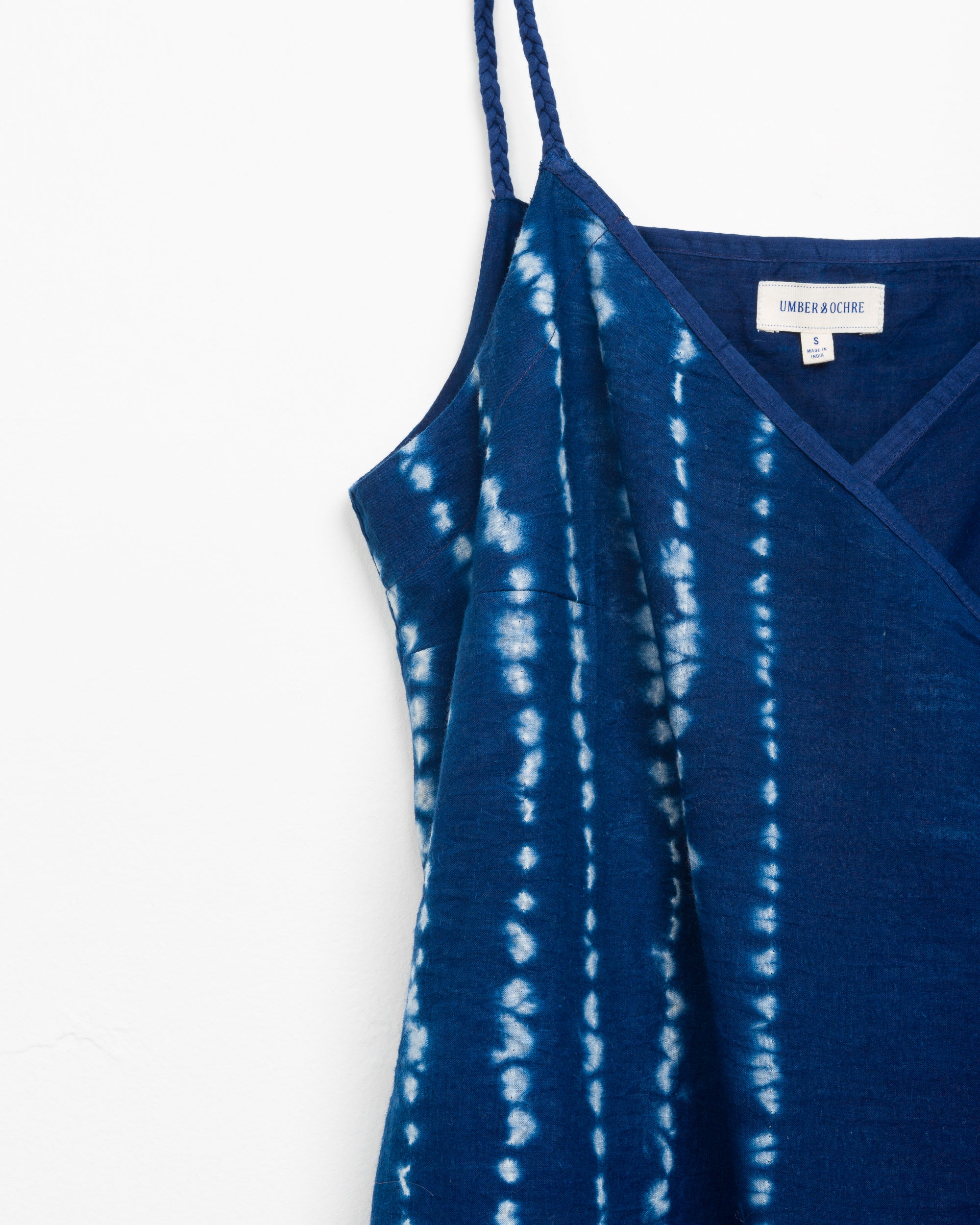 Aahana Strappy Wrap Dress in Indigo Stripe Shibori Border