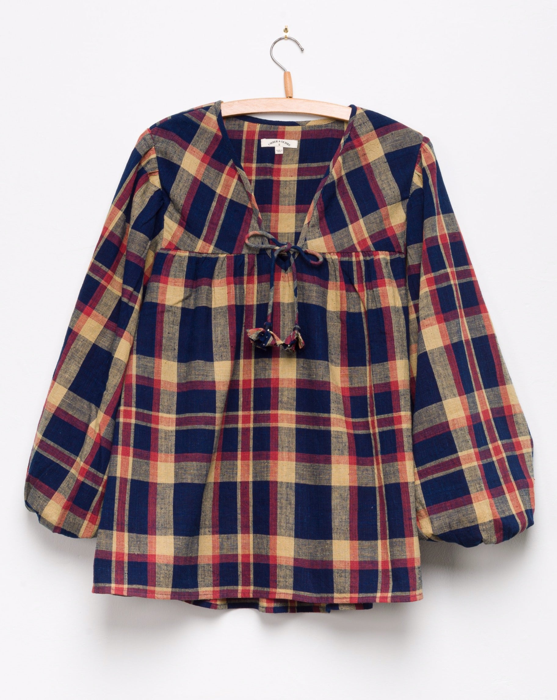 Madhuri L/S Peasant Top in Navy Madras Plaid