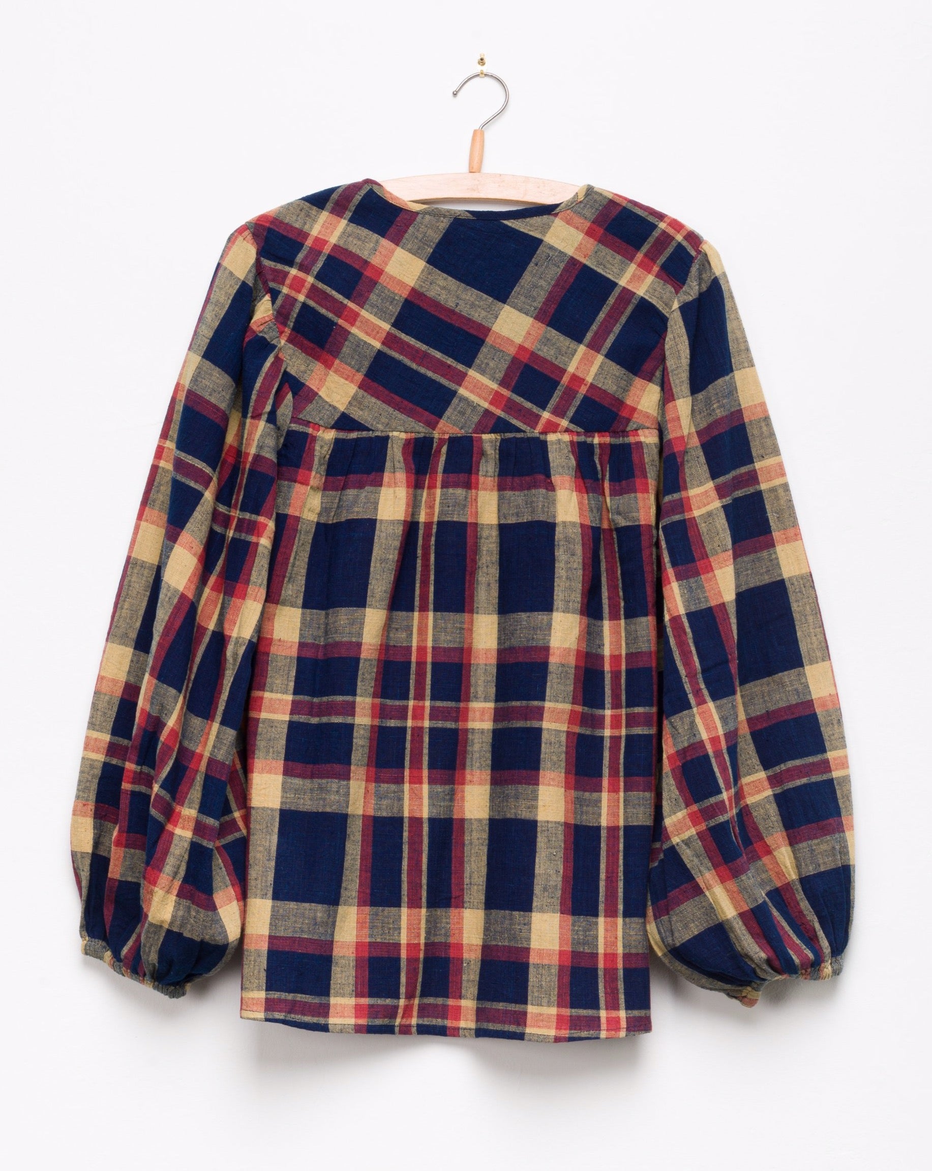 Madhuri L/S Peasant Top in Navy Madras Plaid